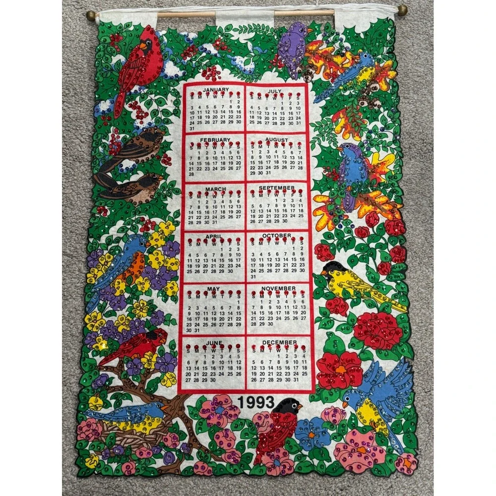 1993‎ Bird Wall Calendar Felt Appliques Glitter Rhinestone Vintage Retro Decor